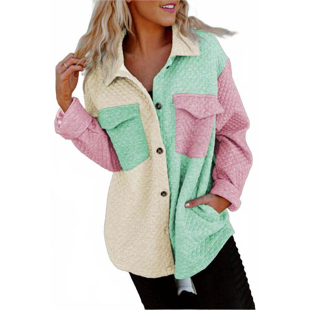 NEW PRETTY BASH colorblock button front quilted shacket in green